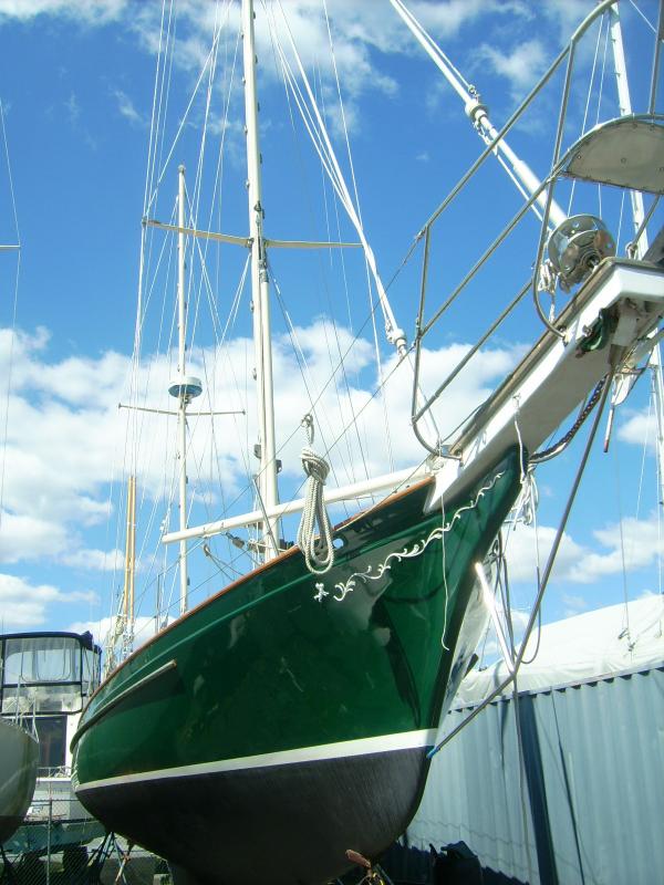 13 April 2012.  C44 hull no.0, 'Emerald'.  This is the original strip-planked boat that was built in 1973-75 by my dad, my brother, me, Frit and Lee.  It was supposed to have been my dad's actual boat, for which my little Diana is named.  That never happened because we sold too many boats too early and had to hurry into making a plug over it.  It was finished in 1981-82 by a know-it-all engineer who apparently never asked a single question about what makes boats reliable, safe and easy to maintain.  It has some beautiful woodwork below but also a hollow bowsprit with a galvanized-steel frame, no internal access to the stuffing box, a bilge completely full of twisted hoses, wiring and cable, and various fittings screwed straight into the planking with no bedding compound.  Lee and I spent all summer resolving much of the PO's nightmares for the new owner, who sailed it south after October.