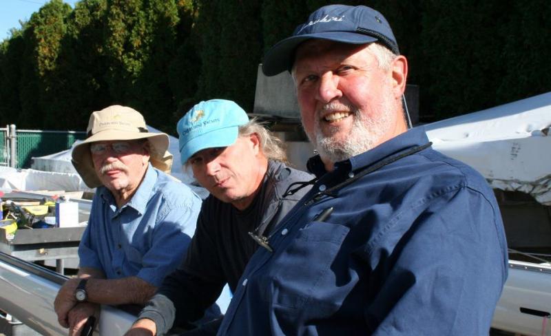 19 October 2012.  Capt Mike Lawrence (Light Reign), me and yardmate Roy Vollmer (Riverton YC) model hats for CY.