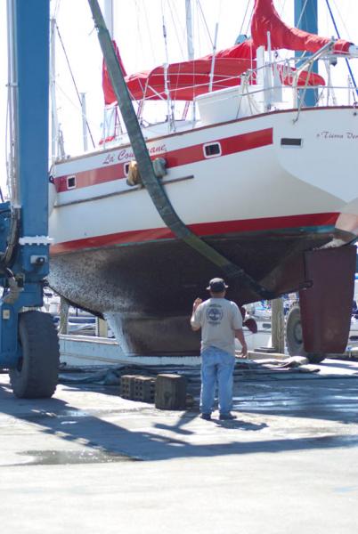 2nd haulout in as many weeks. First one was survey, this time maintenance. New stuffing box on prop shaft.  The &quot;Old name&quot; is gone. New name will go on this Sat.