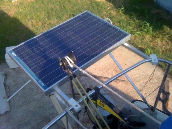 50 watt solar panel.
 It's more than I need for now. I run the usual nav lights, cabin light, anchor light, stereo, gps, and vhf, and a fan.
 In the future I'm hoping to add a refrigerator so I wont have to carry ice chests. If I do I will add a second solar panel.
 I'm not sure if 100 watts will be enough, so crossing fingers!