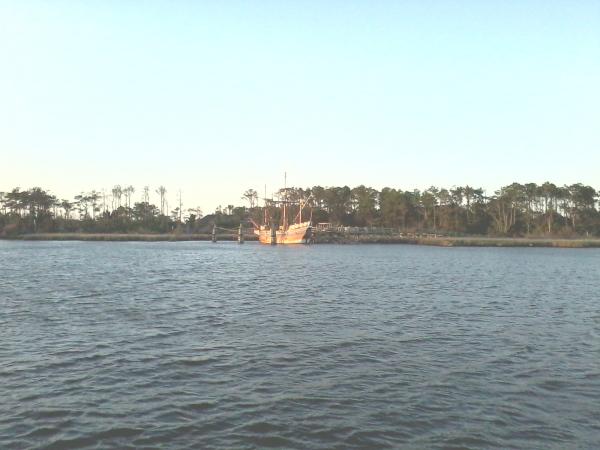 Across Doughs Creek from the Manteo Waterfront Marina sits the replica Elizabeth II.