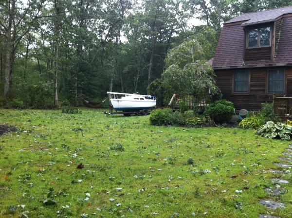 After the hurricane in RI summer 2011.  TERRIBLE IDEA to leave the boat uncovered.  I put her in away from the trees, but the sap sprayed EVERYWHERE and it took me hours to scrub it all off.