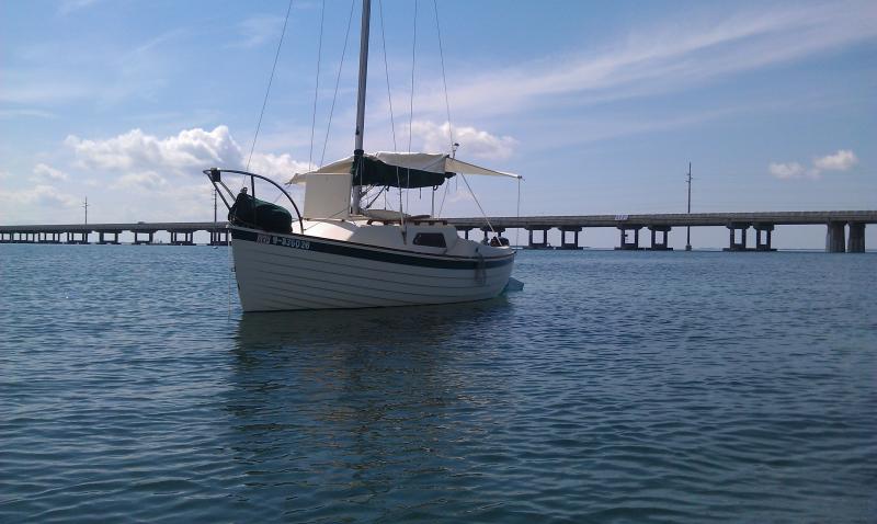 Anchored at Bahia Honda State Park in the Florida Keys!  That cockpit shade was really really nice to have in the hot sun down there.  It made the cockpit a great place to chill out during the day. Next time though I will need to bring something to drape on one side for when the sun gets lower in the sky.