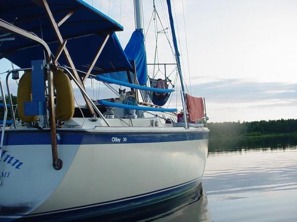 Anchored in the North Channel. Son is reading in the chair and Sam cat is standing watch. That is the wooden framed bimini and dodger, that I made, with a closer piece between them. The wife and I were out paddling the dinghy around.