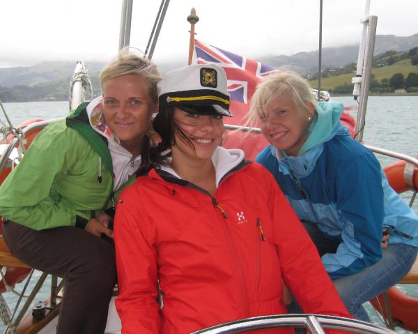 Anna, Katrin and Asta from Finland helming Manutara. We always offwer our guests the opportunity to helm the boat, perform tacks and gybes and really get a personal feel for what a full keel yacht feels like. www.aclasssailing.co.nz