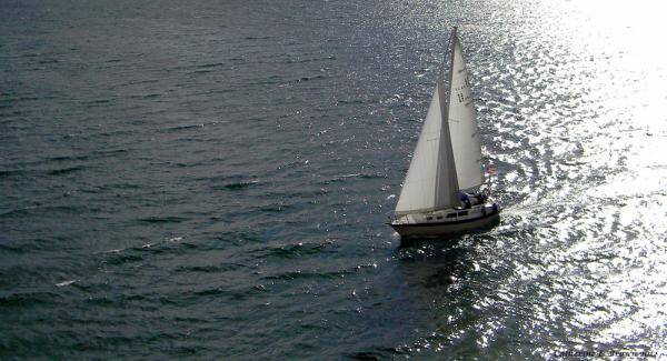 AQUILA under full sail settling into a beam reach after rounding Sand Dune Point, northern Lake Roosevelt, WA. Image by Catherine Brown