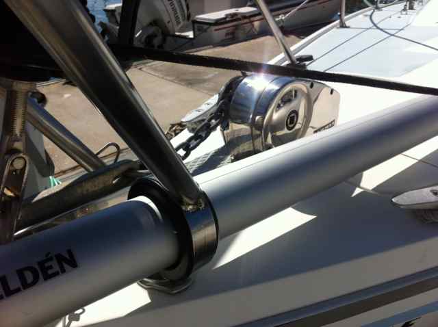 Asyo pole ring welded to the bow pulpit (Below the deck has been significantly beefed up to take the strains of the bow cleats, pole, windlass and anchor roller