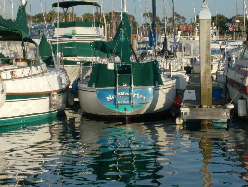 At my slip in Seaforth Marina mission Bay San Diego California. Boat name; (No Worries)