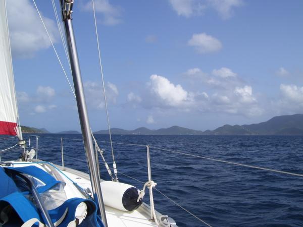 At speed, heading north to Tortola on Jim's Dream, a Beneteau 383.