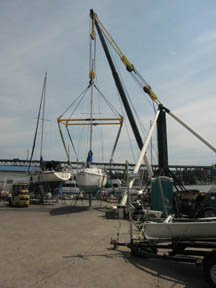 august 2009 we finally had repairs done to the seacocks, new depth sounder, ventilatoin for cabin and engine well. This time she was lifted gently with a crane rather than a fork lift like at Dagmars.