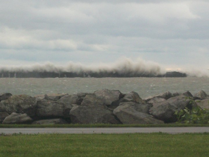 Buffalo Inner Harbor, 60 mph winds; Waves crashing over the North Breakwater.