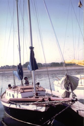 Charlotte Anne.  30' pilot schooner.  My first sailboat, owned from 1976 - 1980.  My son, Bryan, age 4, in the cockpit.