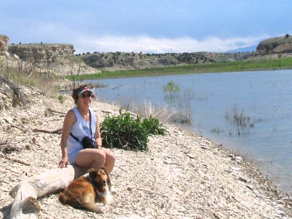 Cindy exploring on shore with Jake.