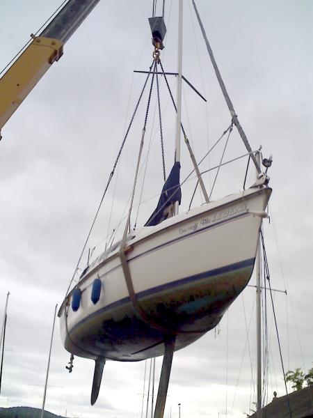 Crane lifts boat for boat inspector.