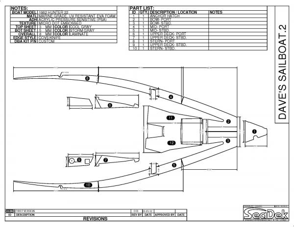 Deck, gunnels, and bow area design plan for new SeaDek material. Being a CAD Designer, I drew this plan up over the weekend. So far so good!