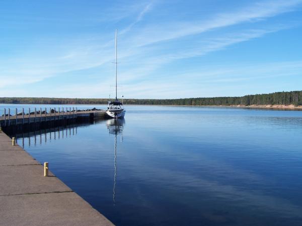 Emmanuel at the dock at Presque Isle Bay, Stockton Island, Apostle Islands, Lake Superior.  A lovely weekend in mid-October and not another soul around!