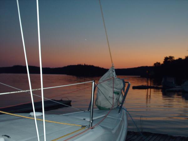 Enfin! after a good sailing day. The sun is setting on the marina.