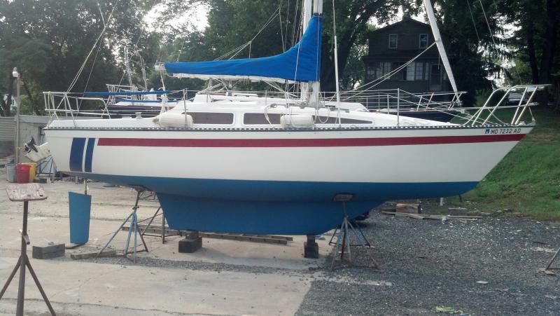 Firefly- Bottom freshly painted and hull compounded. Rudder is dropped down so the rudder tube could be repaired.