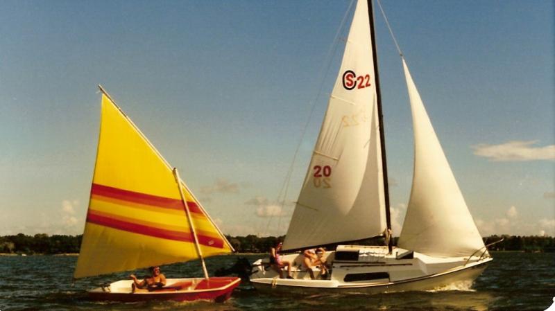 First boat, Southcoast 22, 1986, guy in red boat is in most Sunspot Baby photos.