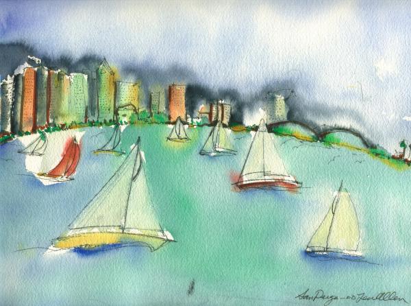 For 12 years I sailed my 30 Catalina ( Friendship) out of Shelter Island, San Diego. This is a painting of the bay full of sailboats on a Sunday afternoon.