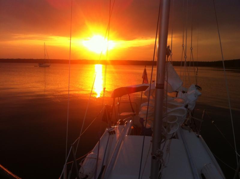 Galactica at anchor during sunset in the Apostle islands - Lake Superior