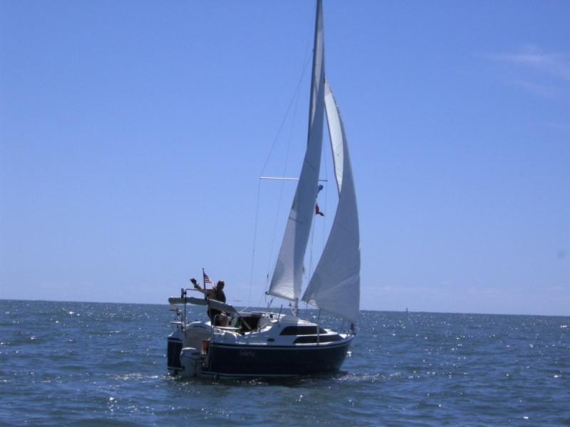 Galactica sailing on the Atlantic ocean for the first time.  About 5 miles off shore sailing from St. Augustine to Jacksonville.