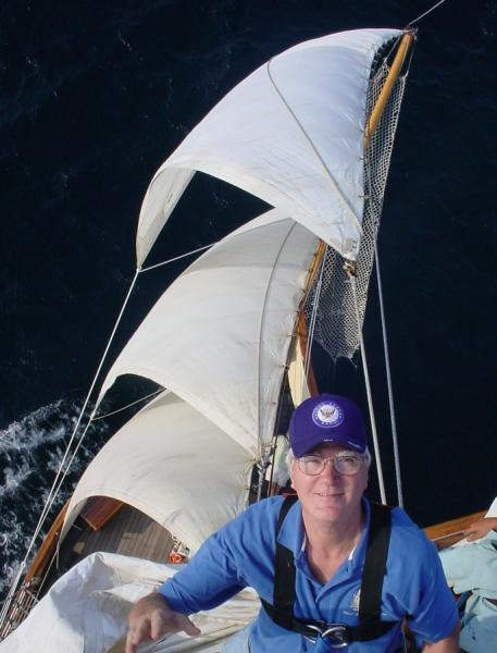 Gary aloft tall ship, bowsprit in background