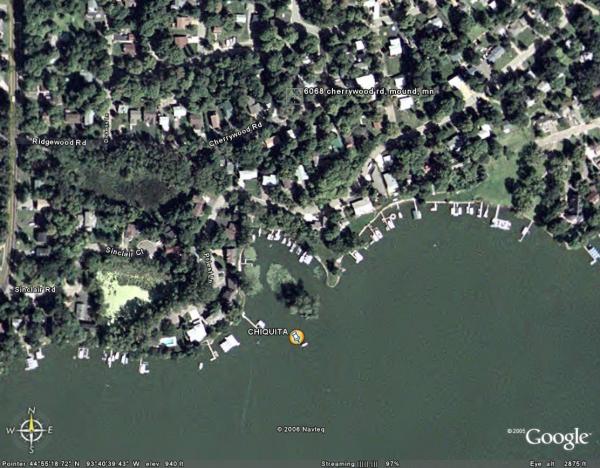 GoogleEarth Image -- a satellite image of Chiquita on her mooring on Lake Minnetonka, Minnesota