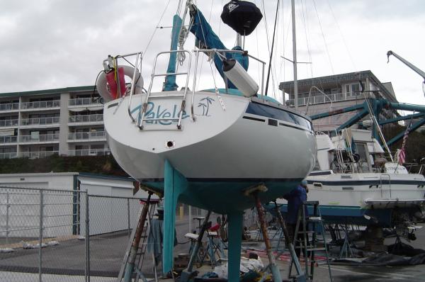 Hull cleaned up ready for bottom paint,rudder and shaft work