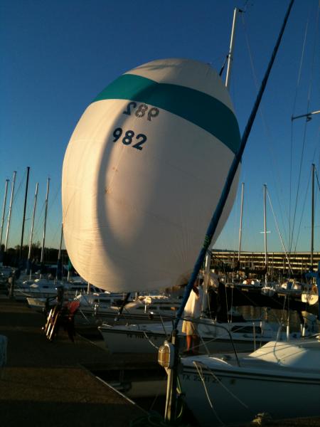 I just hooked my spinnaker to my jib halyard to see what it looked like. Spinnaker mast block this weekend