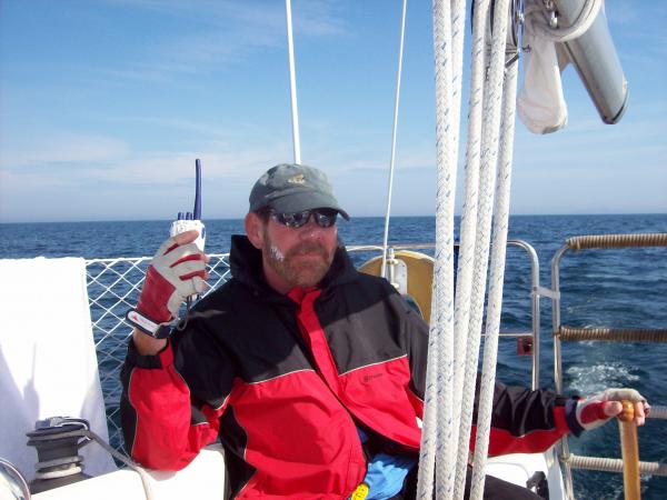 Jim with sun screen on his face. Probably calling for clean up on isle Hunter