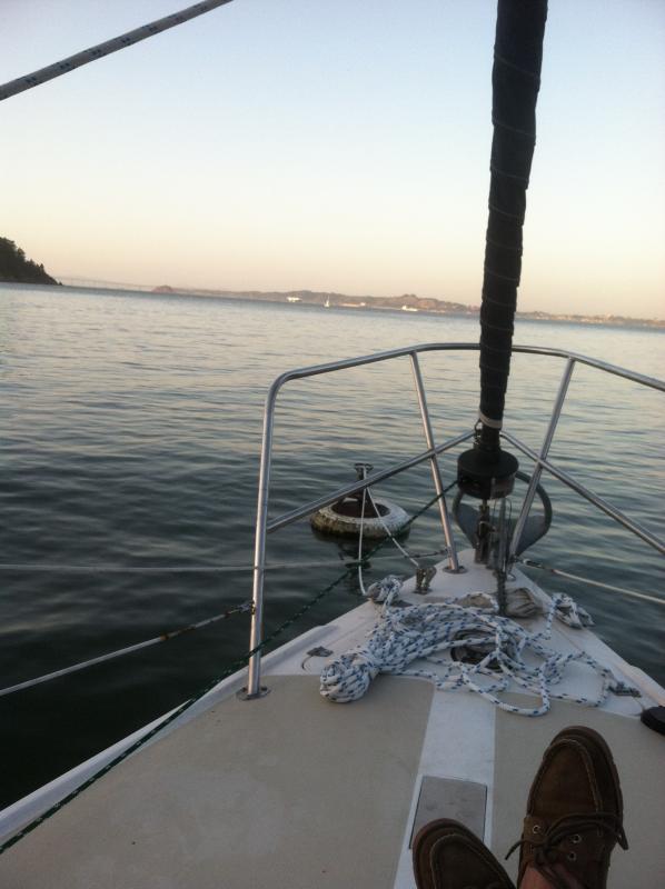 Kickin' back on the foredeck watching the sunset off Angel Island.