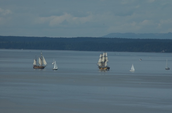 Lady Washington and Hawaiian Chieftain demonstrating close quarters maneuvers and battling at the entry to Budd Inlet, Puget Sound.