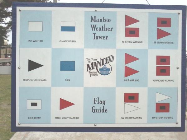 Legend to the Manteo Weather Tower.  This structure is a blast from the past, a nostalgic reminder of the days before VHF and Weather radio.  Watermen looked to the tower to see what the weather forecast was in order to plan their days.