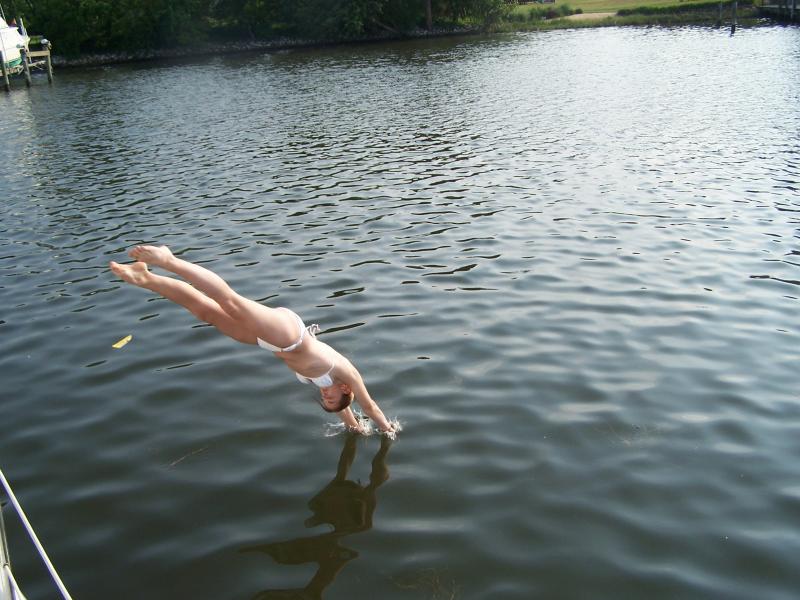 Lizzie diving off Phoebe