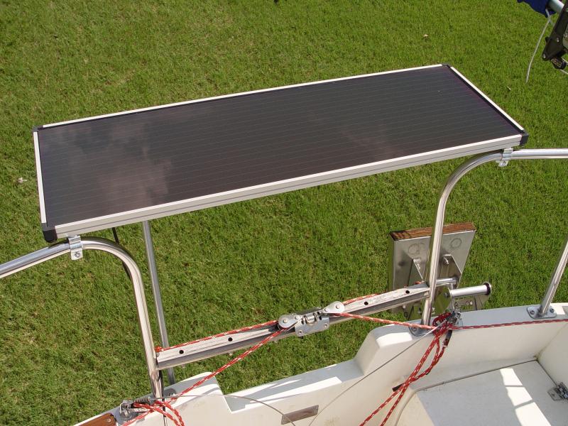 Mounting the 15 watt Harbor Freight solar panel to the stern pulpit.