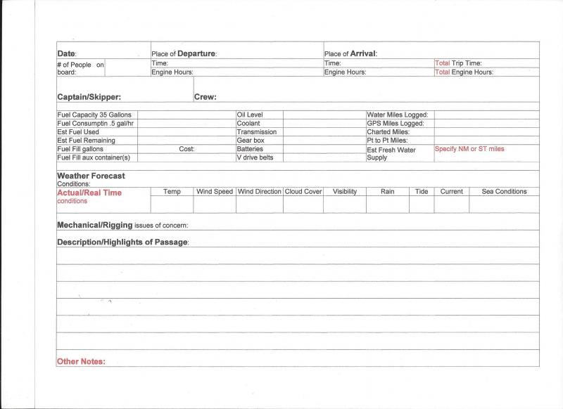 my custom log page. Ive tried to include everything a short term or weekend cruiser may like to have.
 feel free to copy/use it if you want to, or email me for a pdf version.
 I would like to hear what you think would make it better, keeping in mind we only have so much room to work with on one page.
 any waypoints and navigation scribbles would be a separate subject and should all be included in another book, if that is something you require.