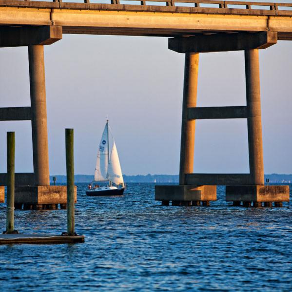 My O'day 23 heading under the Bridge in Oriental NC.