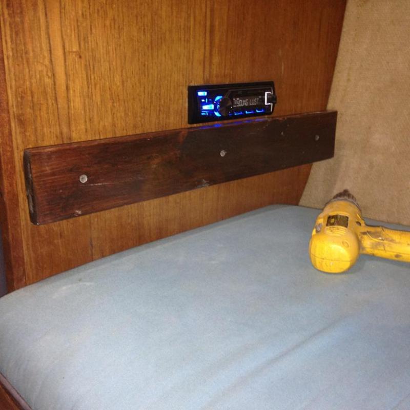 my project, a shelf for under the stereo, to prevent people from smacking the radio while sitting on that berth.