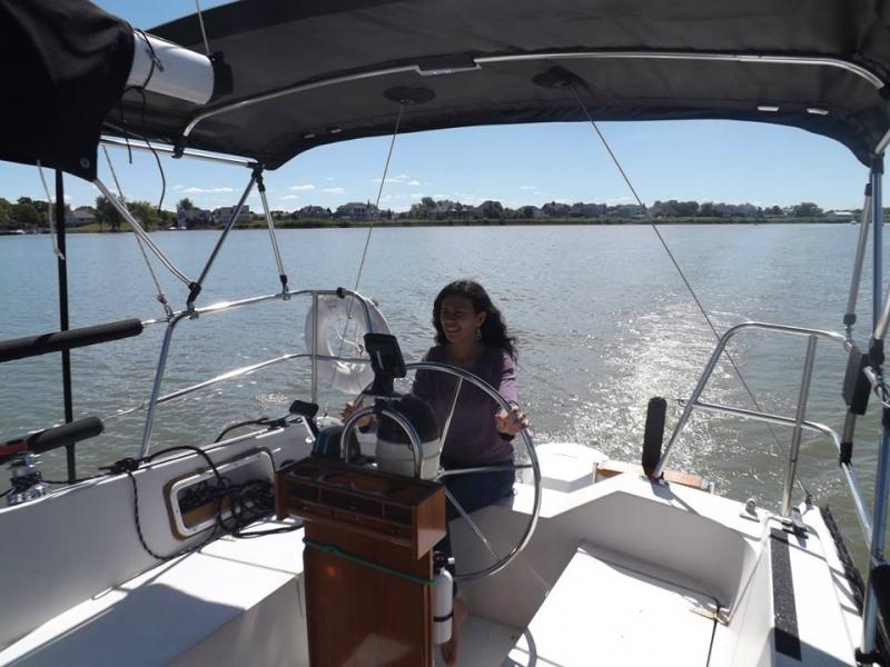 My wife at the helm