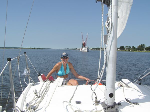 My wife sailing on Bogue Sound, NC