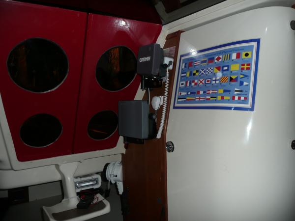 Navigation wall. GPS, radar and VHF. They swing out to be seen from the cockpit – but inside where it's dry, warm and happy.