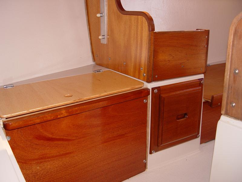 New mahogany locker front, bulkhead, re done teak galley and drawer