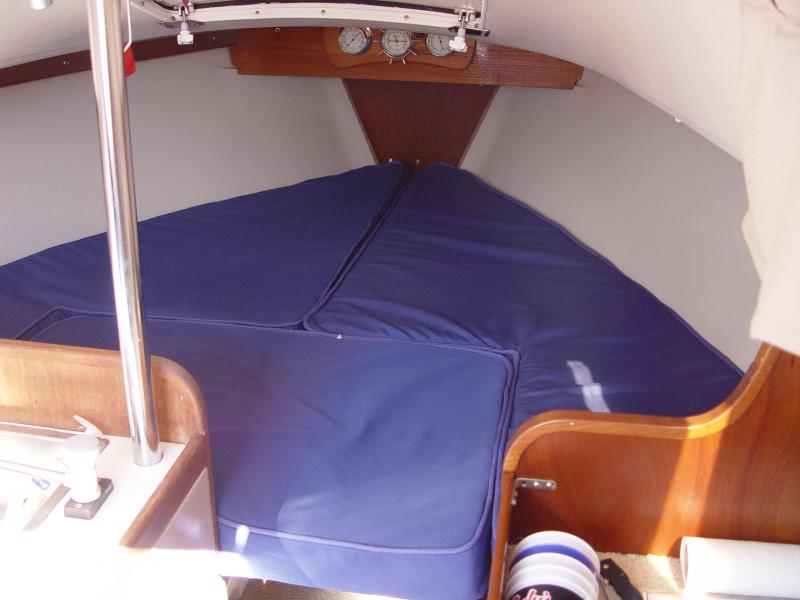 Newly re covered V berth cushions before adding the 1&quot; batting to the top and sides of the foam.