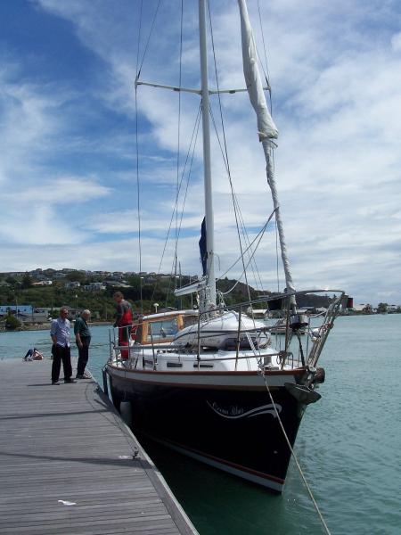 Oceans 12 after delivery voyage from Napier to Lyttelton. Note damaged foresail, victim of 55 knots off Kaikoura coast. Quite a ride!