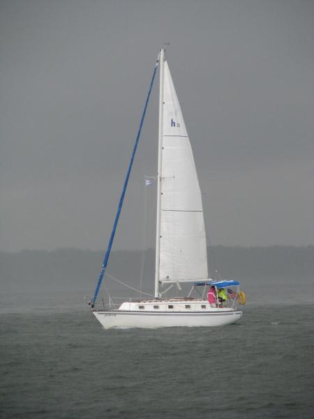 Our friends took this picture of us motorsailing in the storm