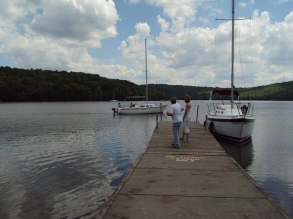 Our son and his girlfriend are the first to take her for a spin.  Motoring out to find our mooring ball.