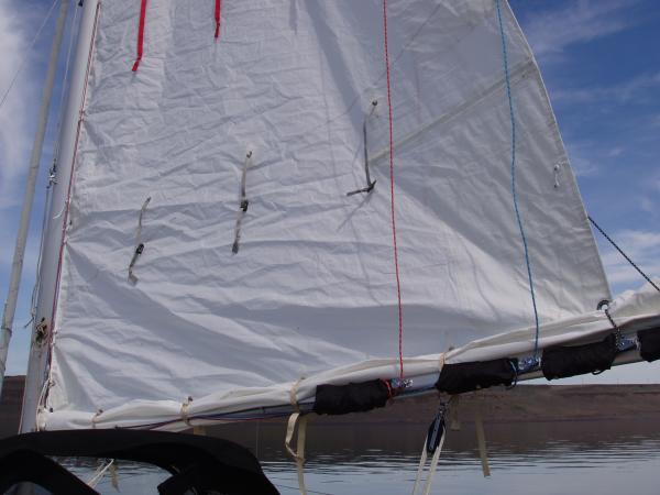 Quick Reef System w/ reef line bags 3 reefs. Our best speed was on our 3rd reef only in about 40 mph breezes the skipper surfed 5 ft wind swells at 9.5 mph gps, what a HOOT