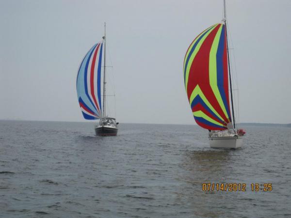 &quot;Wild Oats&quot; and &quot;Utopia&quot; under Asymetricals heading west on Lake Sakakawea, ND