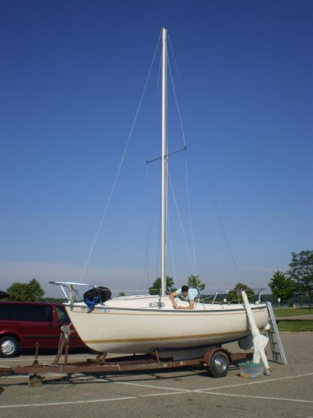 Readying to set sail.  It took only three and a half hours to set up the first time,  Hopefully next time I'll be more mindful of where all the lines should and shouldn't be, allowing me to only have to raise the mast once.  At a certain point I began to miss the Widgeon a bit!